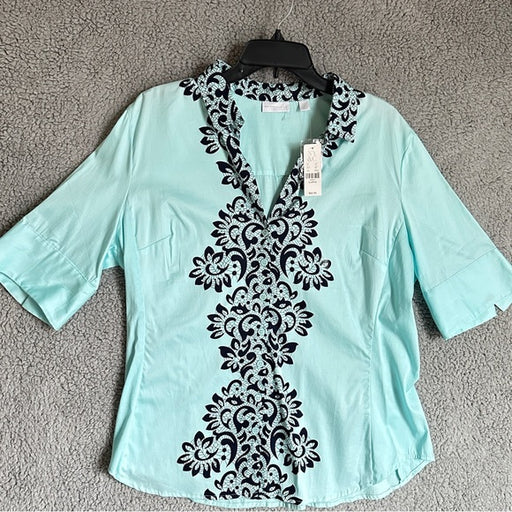 New York & Company Aqua and Black Embroidered Women's Blouse - Size Women’s XL, from PanacheProse