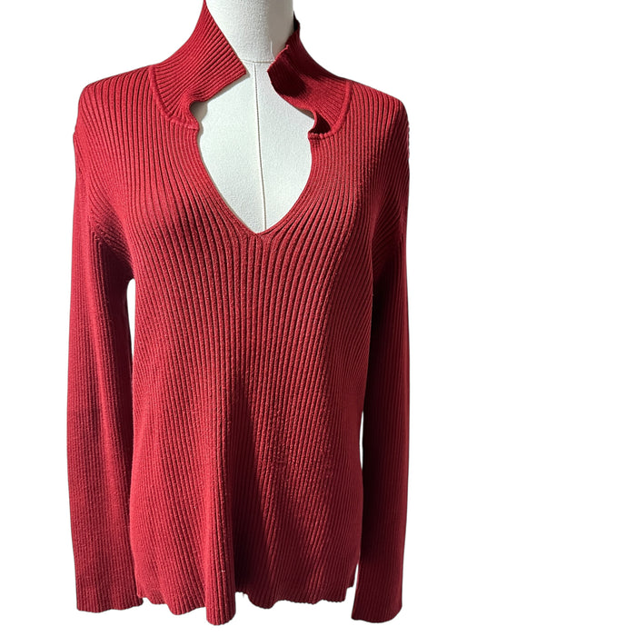 New York & Company Red Ribbed Split Collar V-Neck Sweater - Size XL, from PanacheProse