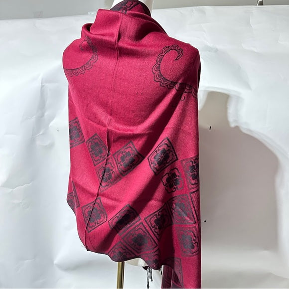 Reversible Paisley Border Pashmina-Style Shawl Wine Red with Black Fringe, from PanacheProse