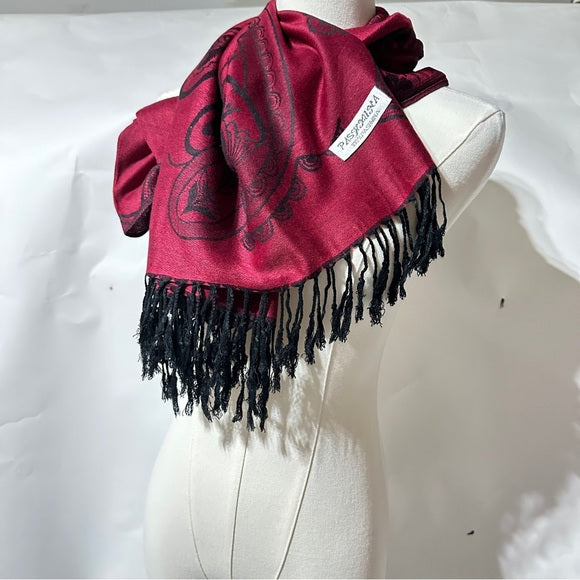 Reversible Paisley Border Pashmina-Style Shawl Wine Red with Black Fringe, from PanacheProse