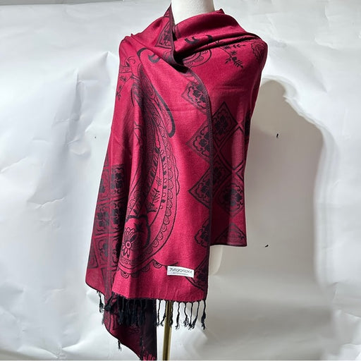 Reversible Paisley Border Pashmina-Style Shawl Wine Red with Black Fringe, from PanacheProse