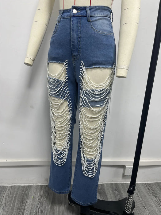 Prancheprose Ripped Jeans with Diamonds Chain
