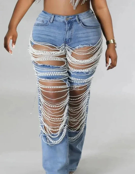 Prancheprose Ripped Jeans with Diamonds Chain