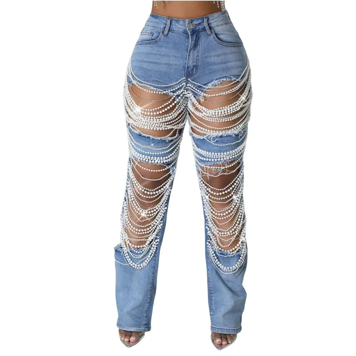 Prancheprose Ripped Jeans with Diamonds Chain