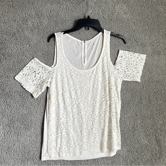 Solo New York Jeans Elegant White Lace Cold Shoulder Blouse- Size Women’s Large, from PanacheProse