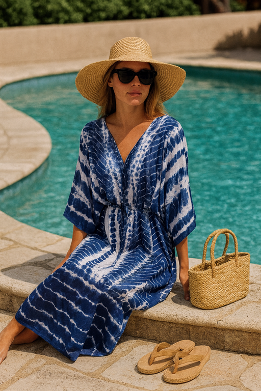 Tie Dye Blue Beach Swim Coverup Maxi Duster Front Tie - One Size, from PanacheProse