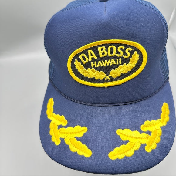 Vintage EDS Hawaii “DA BOSS Hawaii” Trucker Snapback Hat – Navy Foam Front, Gold Embroidered Logo, Mesh Back