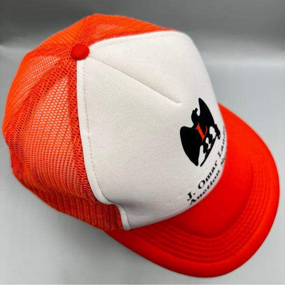 Vintage J. Omar Landis Auction Service Trucker Hat – Red & White Mesh Snapback – One Size from PanacheProse