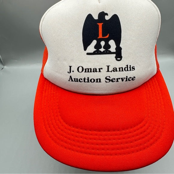 Vintage J. Omar Landis Auction Service Trucker Hat – Red & White Mesh Snapback – One Size from PanacheProse