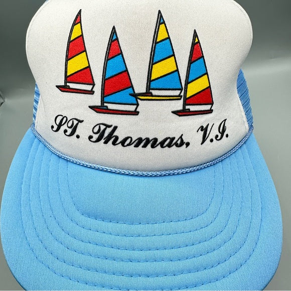 Vintage St. Thomas V.I. Sailboat Trucker Snapback Hat – 80s Foam Front, Mesh Back
