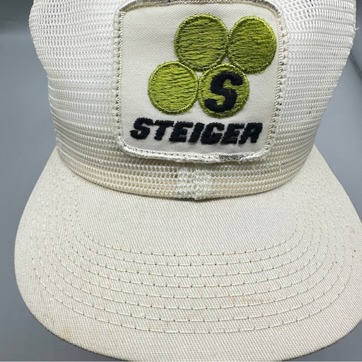 Vintage Steiger Tractors Snapback Hat – White Mesh Foam Cap with Green Logo from PanacheProse
