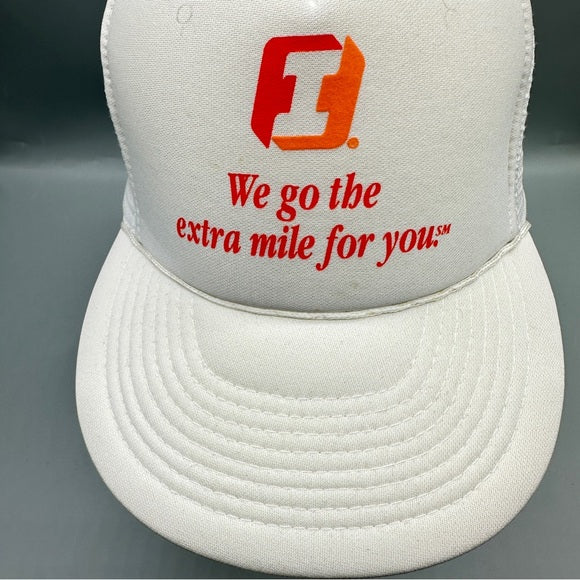 Vintage “We Go the Extra Mile for You” White Trucker Snapback Hat – Mesh Back, Foam Front