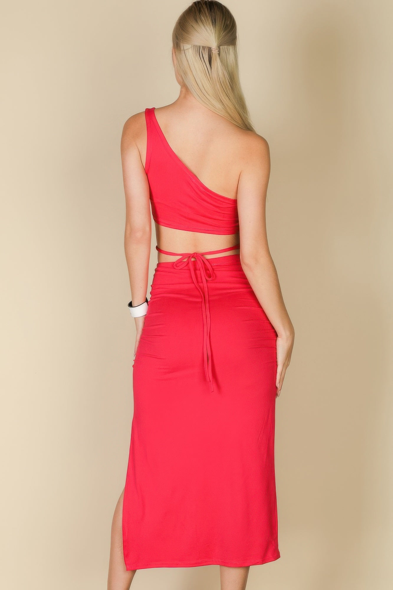 Sexy Solid Color One Shoulder Crop Top & Drawstring Ruched Crisscross Tie Back Side Slit Hem Skirt Set