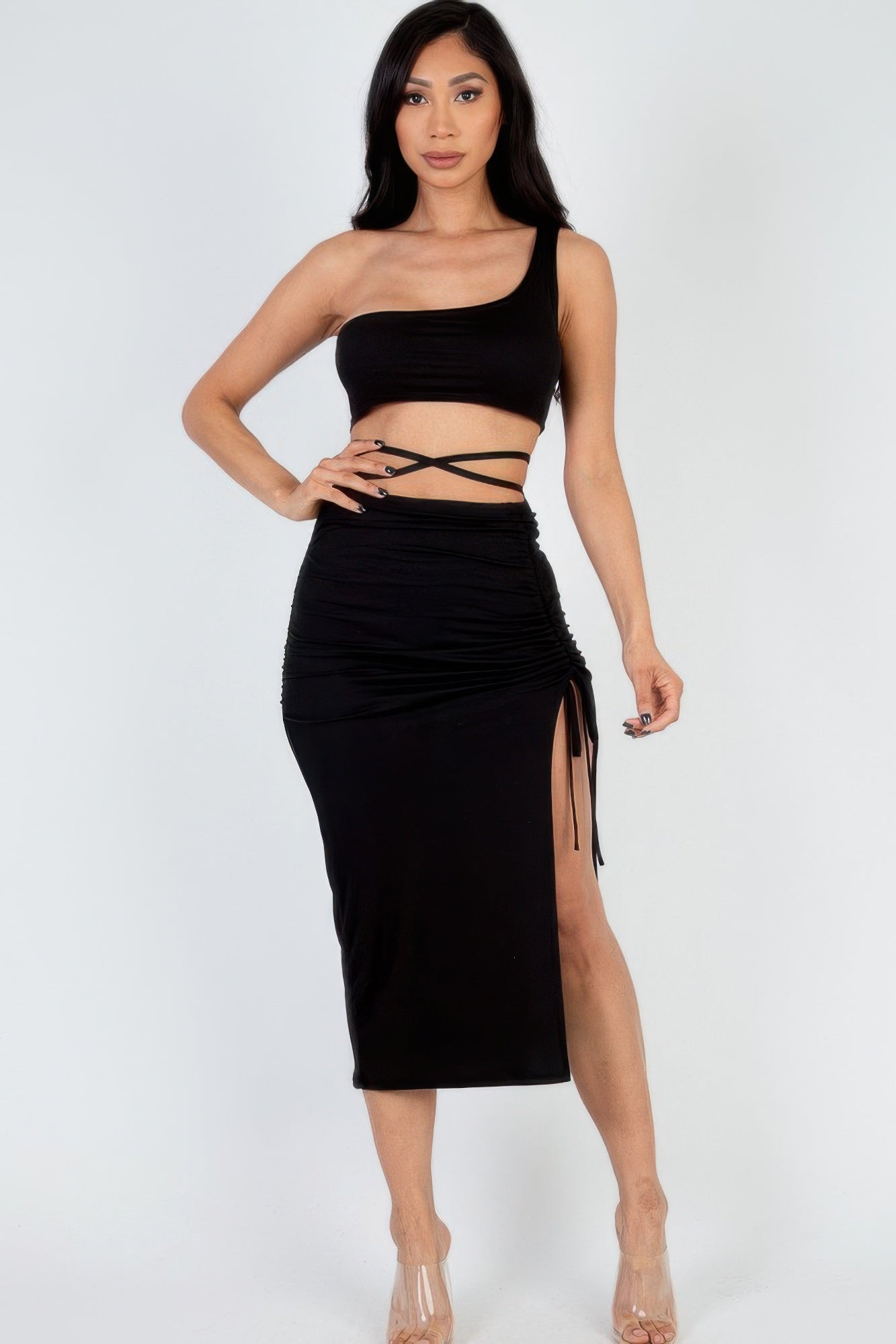 Sexy Solid Color One Shoulder Crop Top & Drawstring Ruched Crisscross Tie Back Side Slit Hem Skirt Set