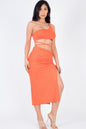 Sexy Solid Color One Shoulder Crop Top & Drawstring Ruched Crisscross Tie Back Side Slit Hem Skirt Set