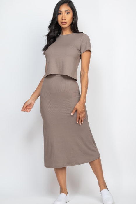 PanacheProse Short Sleeve Ribbed Top & Midi Skirt Se