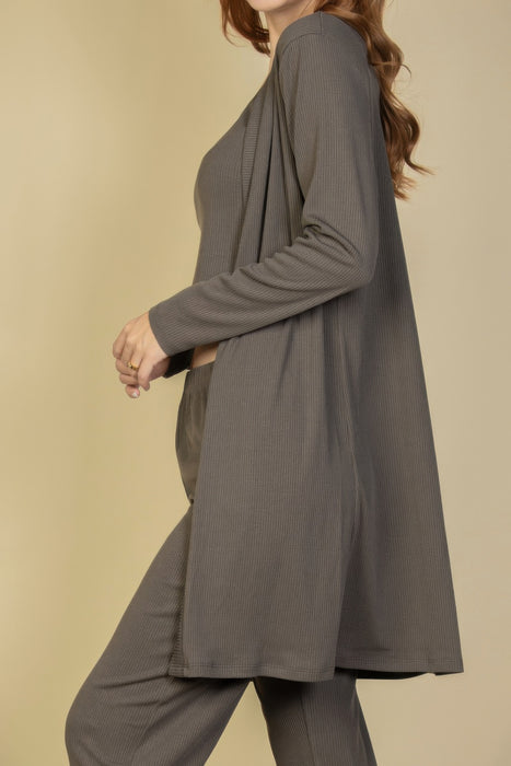 PanacheProse Flat Back Rib 3 Pieces Cami Top With Pants And Long Cardigan Set