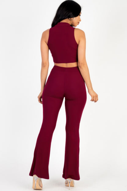 Ribbed Mock Neck Crop Tank Top & Bootcut Pants Set