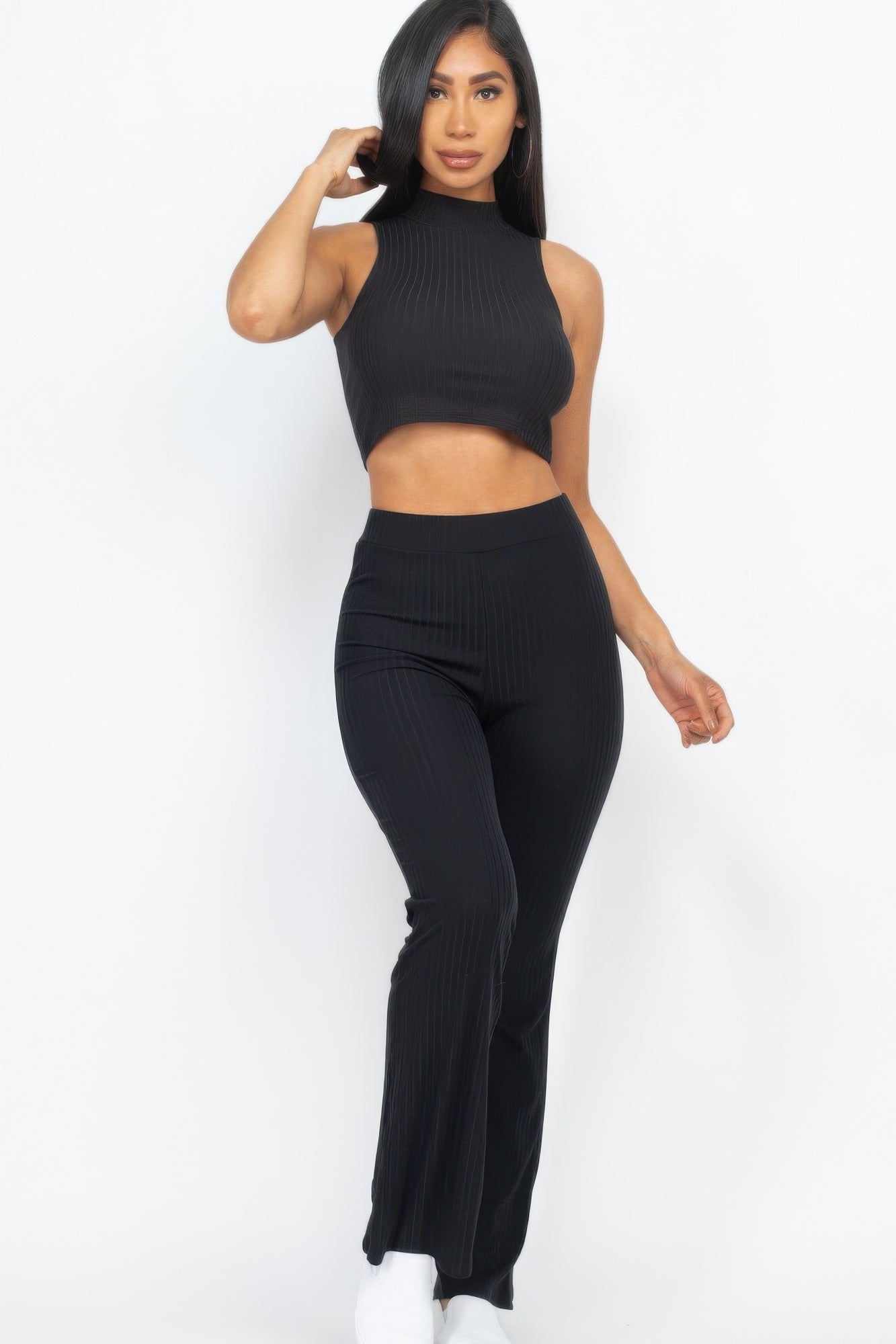 Ribbed Mock Neck Crop Tank Top & Bootcut Pants Set