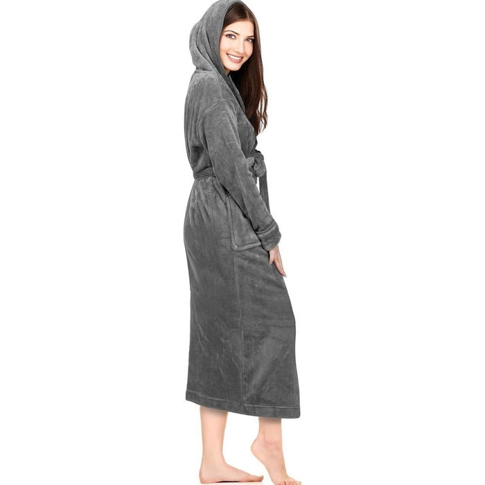 Women Fleece Hooded Adult Solid Color Grey Bathrobes - Size Medium From PanacheProse