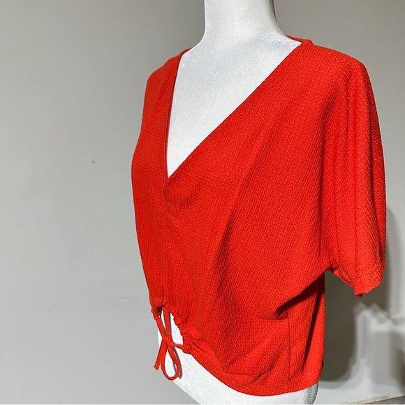 ZARA Red Textured V-Neck Drawstring Blouse – Size Medium From PanacheProse