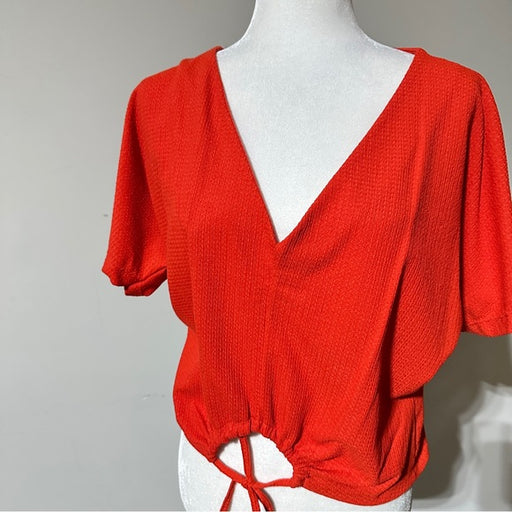 ZARA Red Textured V-Neck Drawstring Blouse – Size Medium From PanacheProse