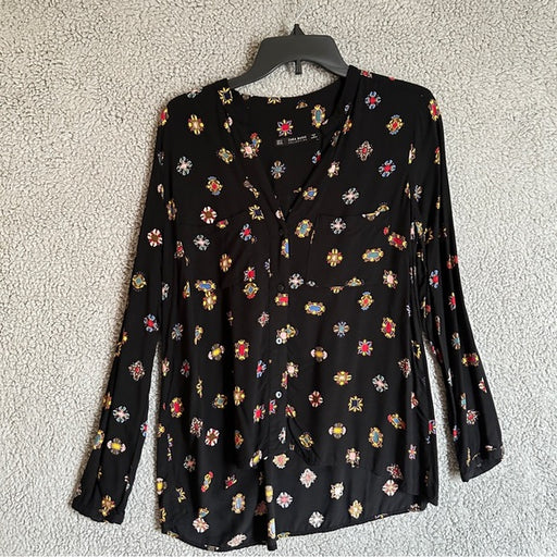 Zara Basic Women’s Floral Black Button-Up Blouse - Size Women’s USA S, from PanacheProse