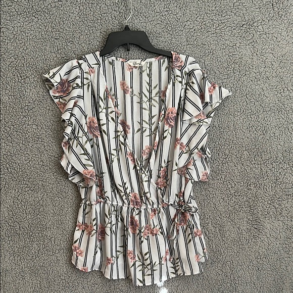 Blush Floral Striped Ruffle Sleeve Blouse