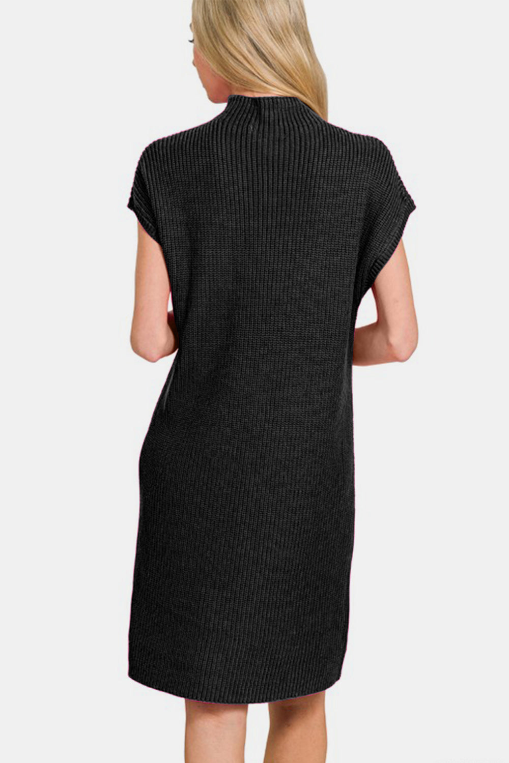 Women's Casual Mock Neck Short Sleeve Sweater Dress with Front Pocket