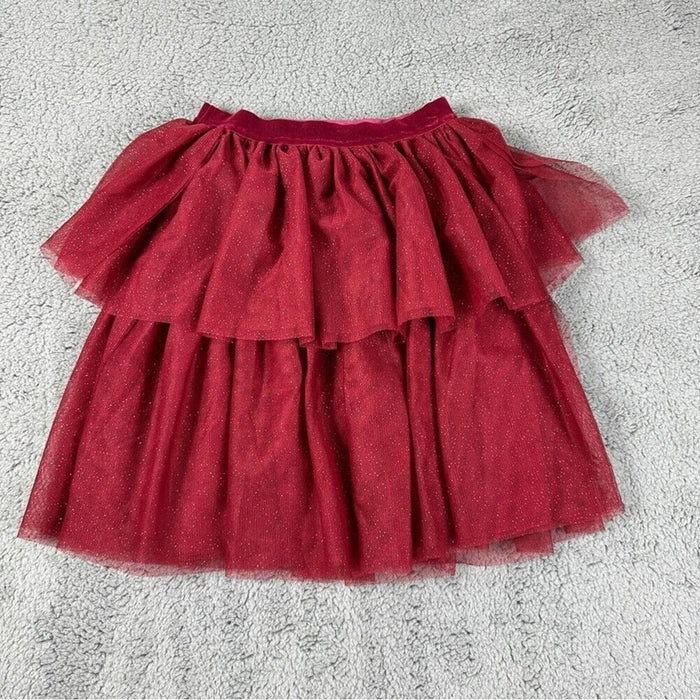 H& M Size 8/10 Girls Layered 2 Step Solid Color Red Shimmering Skirt