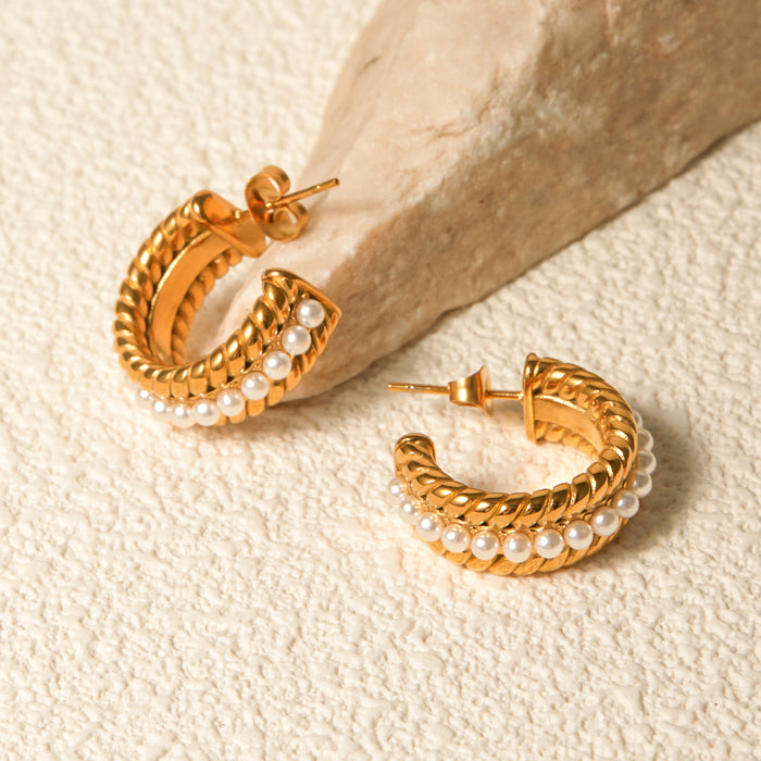 PanacheProse Stainless Steel Pearl C-Hoop Earrings
