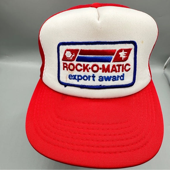 Front view of vintage ROCK-O-MATIC trucker hat unisex one size