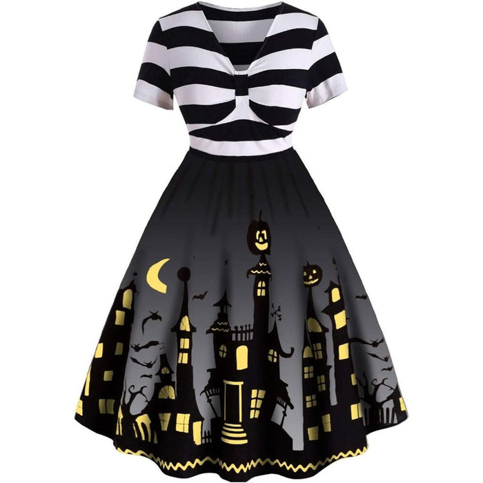 Women Black Halloween Dress Pumpkin Costume Flared Vintage Bat Print Line Dress