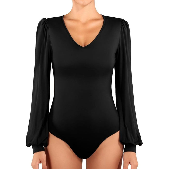 Women Black Rayon Long Sleeve V Neck for Puff Sleeve Ribbed Bodysuits Shirts