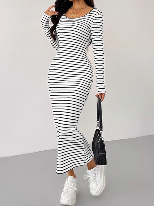 Striped Scoop Neck Long Sleeve Midi Tee Dress