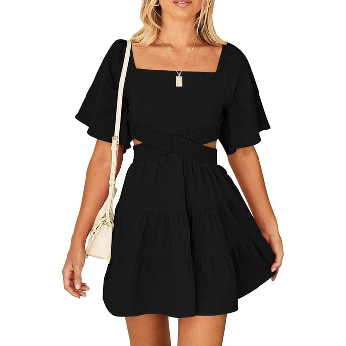 Women Black Summer Dresses Square Neck Casual Short Sleeves Crossover Mini Dress