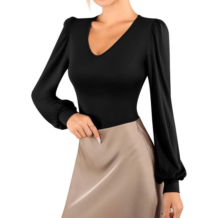 Women Black Rayon Long Sleeve V Neck for Puff Sleeve Ribbed Bodysuits Shirts