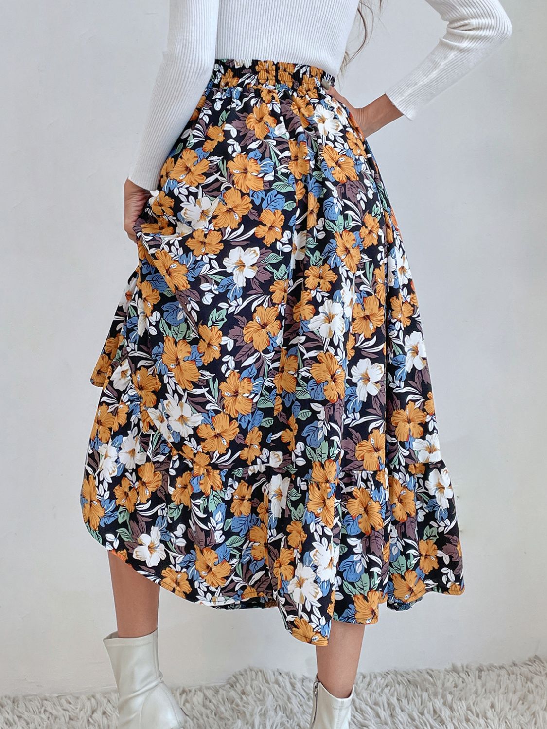 Printed Elastic Waist Midi Skirt