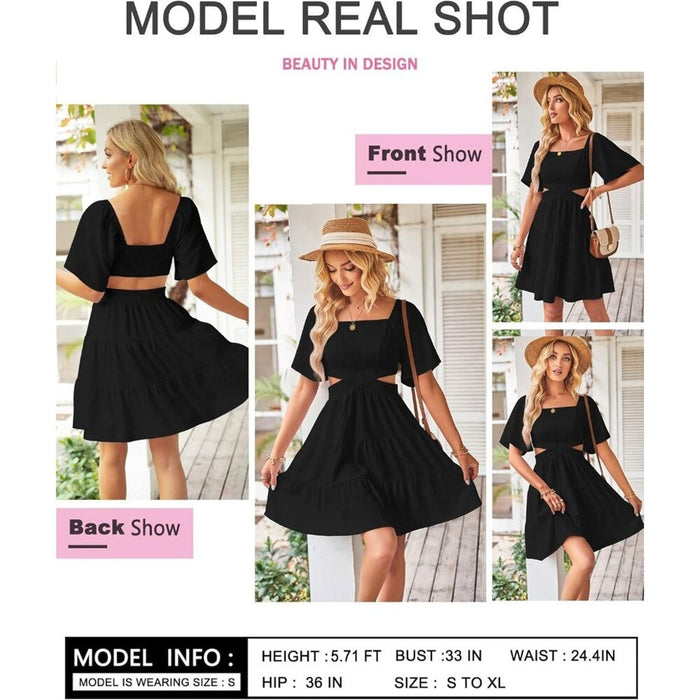 Women Black Summer Dresses Square Neck Casual Short Sleeves Crossover Mini Dress