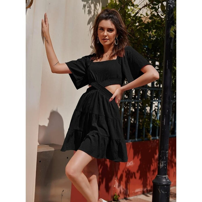 Women Black Summer Dresses Square Neck Casual Short Sleeves Crossover Mini Dress