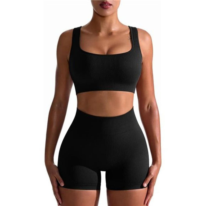 2 Piece Womens Seamless Ribbed High Waist Leggings with Sports Bra Exercise Set