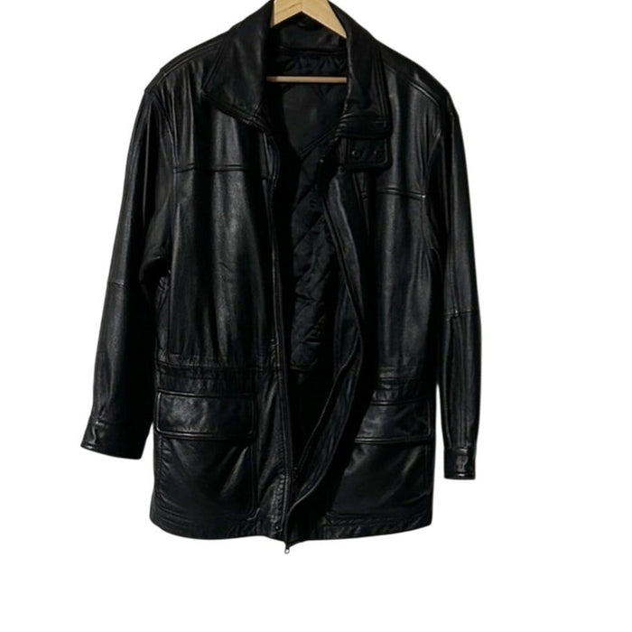 Vintage Black Leather Jacket Thinsulate Insulation Zip Front Classic Coat
