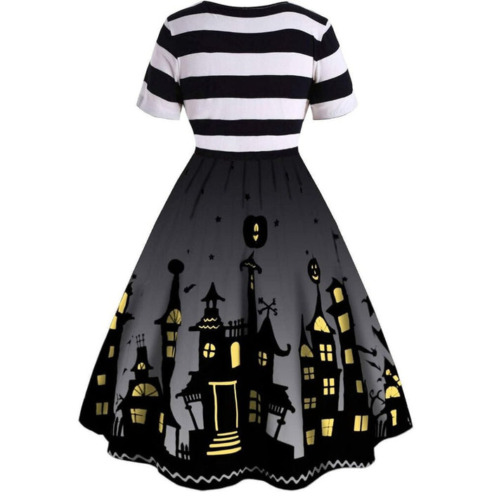 Women Black Halloween Dress Pumpkin Costume Flared Vintage Bat Print Line Dress