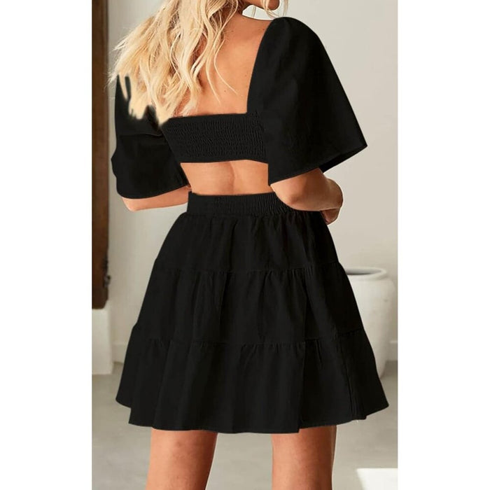 Women Black Summer Dresses Square Neck Casual Short Sleeves Crossover Mini Dress