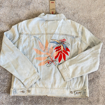 Levi’s Ex-Boyfriend Trucker Denim Jacket Size L with Floral Embroidered Back XL