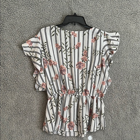 Blush Floral Striped Ruffle Sleeve Blouse