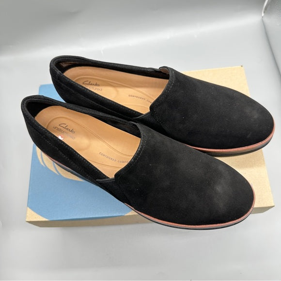 Clarks Shaylin Ave Black Suede Slip-Ons – Women’s Size 10.5 M New