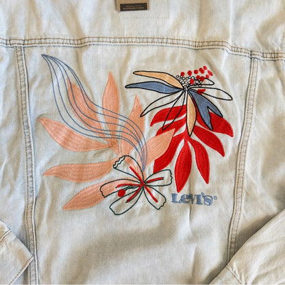 Levi’s Ex-Boyfriend Trucker Denim Jacket Size L with Floral Embroidered Back.L