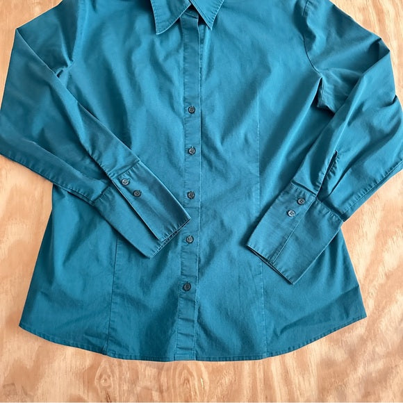 New York & Company Stretch Women’s Teal Button-Up Long Sleeve Size L Shirt
