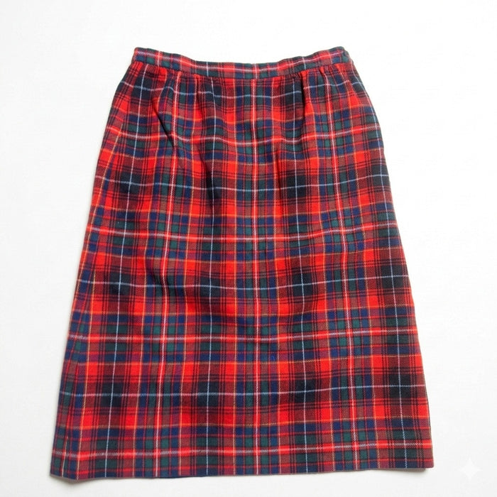 a red, green, and navy plaid vintage high-waisted midi skirt on a white background.